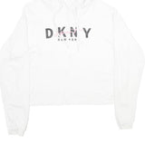 DKNY Womens White Cropped Hoodie XS Cotton Blend Pullover Logo Print