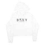 DKNY Womens White Cropped Hoodie XS Cotton Blend Pullover Logo Print