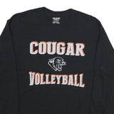 GILDAN Mens Black Cougar Volleyball Long Sleeve Crew Neck Cotton T-Shirt L