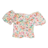 ZARA Womens White & Pink Floral Printed Bardot Top Short Sleeve XS