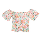 ZARA Womens White & Pink Floral Printed Bardot Top Short Sleeve XS