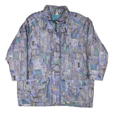 Womens Blue Button Polyester Blend Geometric Pattern Jacket XL Stylish Casual