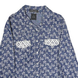 Womens Blue Floral Cotton Blend Shirt S Lace Pocket Detail Casual Elegant