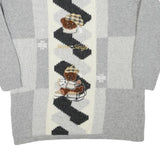 Mens Grey & Cream Patterned Wool Blend Jumper Crew Neck Basic Knit L Teddy Bear