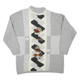 Mens Grey & Cream Patterned Wool Blend Jumper Crew Neck Basic Knit L Teddy Bear