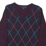TOMMY HILFIGER Mens Burgundy & Navy Argyle Pattern V-Neck Basic Knit S Sweater