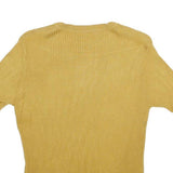 Womens Yellow Plain Jumper Crew Neck Rib Knit S Casual Knitwear Top Short Sleeve