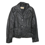 LEONARDO Womens Black Leather Button Jacket S Woven Classic Tailored