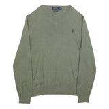 POLO RALPH LAUREN Mens Green Jumper Plain V-Neck Basic Knit L Cotton Classic