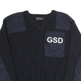 ERBEKO Mens Black Plain V-Neck Basic Knit L Cotton Jumper GSD Patch Shoulder