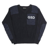 ERBEKO Mens Black Plain V-Neck Basic Knit L Cotton Jumper GSD Patch Shoulder