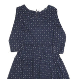 FAT FACE Womens Navy Blue Cotton Blend Day Dress Polka Dot 3/4 Sleeve UK 12
