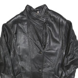 Womens Black Leather Button Jacket L Cropped Plain Stylish Outerwear