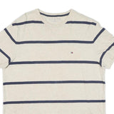 TOMMY HILFIGER Mens Cream & Navy Stripe Modern T-Shirt L Short Sleeve Crew Neck