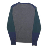 TOMMY HILFIGER Mens Blue & Green Patterned Wool Jumper Crew Neck Basic Knit S
