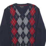 BANANA REPUBLIC Mens Navy Blue Red Grey Argyle Wool Patterned V-Neck Jumper M