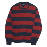 TOMMY HILFIGER Mens Red & Navy Patterned Jumper Crew Neck Basic Knit M Cotton