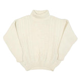 Womens Cream Plain Wool Blend Chunky Knit Jumper Roll Neck L Winter Warm