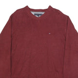 TOMMY HILFIGER Mens Maroon Plain V Neck Basic Knit Jumper XL Cotton Classic