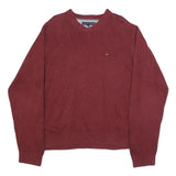 TOMMY HILFIGER Mens Maroon Plain V Neck Basic Knit Jumper XL Cotton Classic