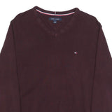 TOMMY HILFIGER Mens Maroon Plain V-Neck Basic Knit Jumper M Classic Cotton