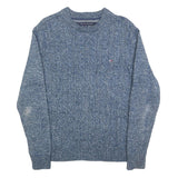 TOMMY HILFIGER Mens Blue Patterned Cotton Blend Jumper Crew Neck Cable Knit XS