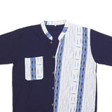 Mens Navy Blue & White Printed Cotton Blend Shirt M Short Sleeve Button Collar