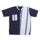 Mens Navy Blue & White Printed Cotton Blend Shirt M Short Sleeve Button Collar