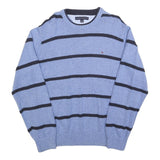 TOMMY HILFIGER Mens Blue & Black Patterned Jumper Crew Neck Basic Knit L Cotton