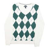 TOMMY HILFIGER Mens White & Green Patterned V Neck Jumper M Classic Cotton Blend