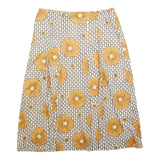 Womens White & Yellow Floral A-Line Midi Polyester Blend Skirt M Vintage Style