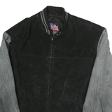 USA LEATHER Mens Black & Grey Leather Bomber Jacket L Suede Varsity Style Zip