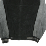 USA LEATHER Mens Black & Grey Leather Bomber Jacket L Suede Varsity Style Zip
