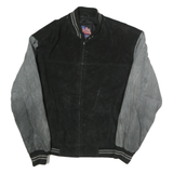 USA LEATHER Mens Black & Grey Leather Bomber Jacket L Suede Varsity Style Zip