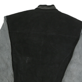 USA LEATHER Mens Black & Grey Leather Bomber Jacket L Suede Varsity Style Zip