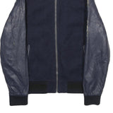 ZARA Mens Navy Blue Wool Blend Bomber Jacket M Leather Sleeves Zip Fastening