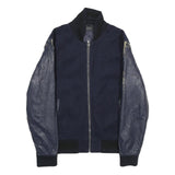 ZARA Mens Navy Blue Wool Blend Bomber Jacket M Leather Sleeves Zip Fastening