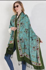 Anyyou 100% Merino Wool Cyan And Flowers Silk Satin Large Winter Scarf Pashmina Shawl Bandana Perfect For Women Ladies Fashion Style