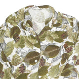 Womens White Green Leaf Print Basic Shirt Long Sleeve Collared Cotton S Button