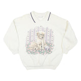 CRYSTAL GIRAFFE Womens White Puppy Graphic Collar S Cotton Blend Sweatshirt