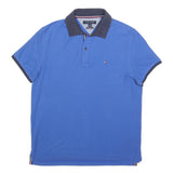 TOMMY HILFIGER Mens Blue & Navy Polo Shirt M Cotton Blend Short Sleeve Basic