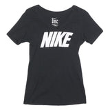 NIKE Womens Black & White Graphic T-Shirt S Short Sleeve V-Neck Logo Print