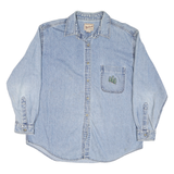 WOOLRICH Womens Blue Denim Shirt L Embroidered Trees Casual Button Down