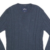 HOLLISTER Mens Blue Plain Crew Neck Cable Knit Jumper XL Cotton Blend Casual
