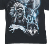 Mens Black Graphic T-Shirt S Short Sleeve Crew Neck Skull Wolf Print