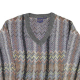 LE REY Womens Grey Patterned V-Neck Chunky Knit Jumper M Cotton Blend