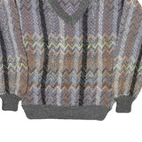 LE REY Womens Grey Patterned V-Neck Chunky Knit Jumper M Cotton Blend
