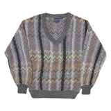 LE REY Womens Grey Patterned V-Neck Chunky Knit Jumper M Cotton Blend