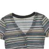 Womens Blue Beige Striped Cropped Top Short Sleeve V-Neck Button M Patterned