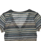 Womens Blue Beige Striped Cropped Top Short Sleeve V-Neck Button M Patterned